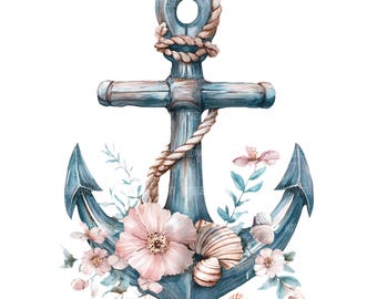 Peut inclure: Illustration à l'aquarelle d'une ancre nautique bleue, avec une corde enroulée en haut. L'ancre est ornée de fleurs roses, de coquillages et de feuillage vert, créant un thème côtier.