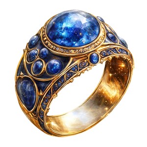 Puede incluir: Un anillo de oro con una gran piedra preciosa azul engastada en el centro. El anillo está decorado con piedras preciosas azules más pequeñas y diseños intrincados de oro.