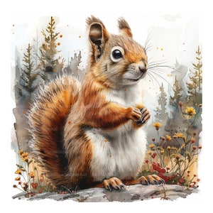 May include: A watercolour painting of a red squirrel sitting on a rock with a blurred background of trees and flowers.