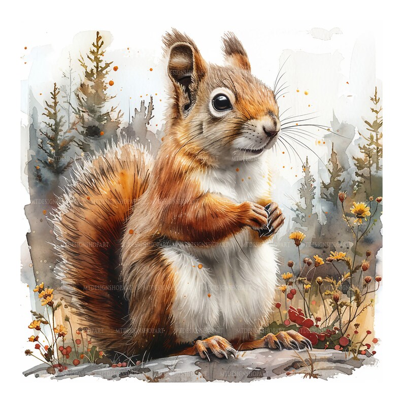 May include: A watercolour painting of a red squirrel sitting on a rock with a blurred background of trees and flowers.