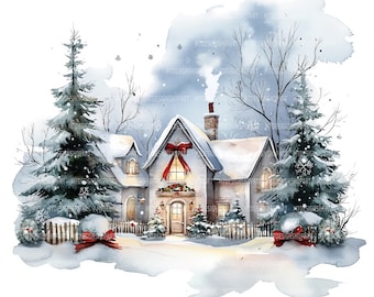 28 Christmas House Clipart, Christmas Cottage, Printable Watercolor Clipart, Paper Craft, Junk Journals, High Quality JPGs, Digital Download