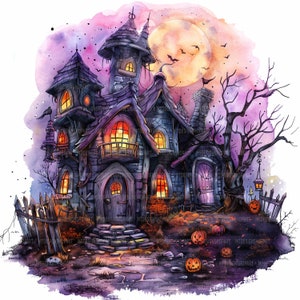 08 Halloween Witch House Clipart, Purple Witch House Clipart, Printable Watercolor Clipart, Paper Craft, High Quality JPGs, Digital Download