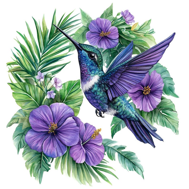 May include: A watercolor painting of a hummingbird with iridescent blue and green feathers, flying near purple hibiscus flowers and green tropical leaves.