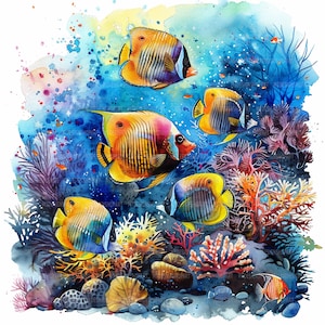 10 Coral Reef Clipart, Underwater Life Clipart, Printable Watercolor Clipart, Paper Craft, Marine Set, High Quality JPGs, Digital Download