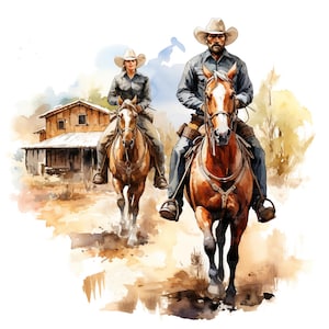 19 Clipart di cowboy western con cavallo, Clipart di acquerelli stampabili, artigianato di carta, diari spazzatura, JPG di alta qualità, download digitale