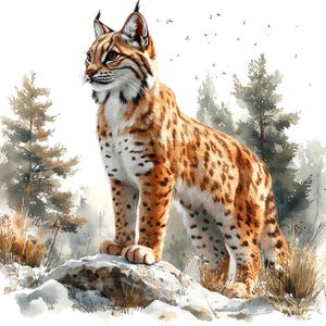 19 imágenes prediseñadas de lince en el bosque, arte de lince en invierno, imágenes prediseñadas de acuarela imprimibles, manualidades de papel, revistas basura, archivos JPG de alta calidad, descarga digital