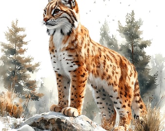 19 imágenes prediseñadas de lince en el bosque, arte de lince invernal, imágenes prediseñadas de acuarela imprimibles, manualidades de papel, revistas basura, archivos JPG de alta calidad, descarga digital