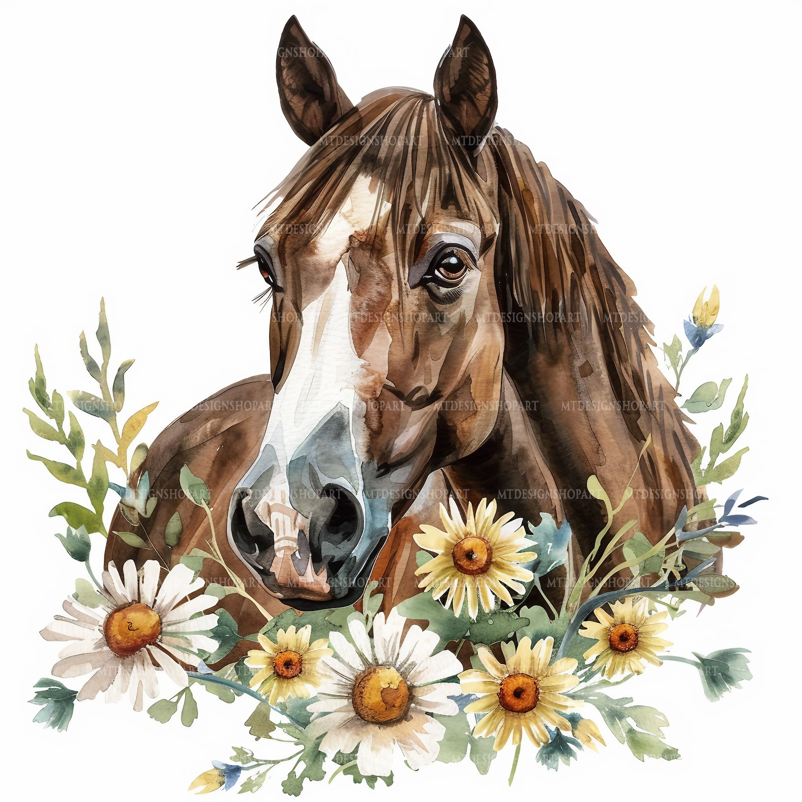 12 Floral Horses in Daisy Flowers Clipart, Printable Watercolor Clipart ...