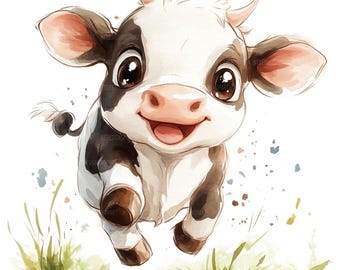19 Playing Baby Cow Clipart, Cute Cow Clipart, Printable Watercolor Clipart, Paper Craft, Junk Journals, High Quality JPGs, Digital Download