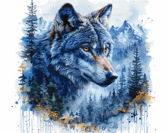 May include: A watercolor painting of a wolf's head in a blue and gold forest setting. The wolf has a blue-grey coat with brown accents and yellow eyes. The forest is made up of pine trees and mountains in the background.