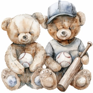 14 Imágenes prediseñadas de jugador de béisbol de oso de peluche, oso jugando béisbol, imágenes prediseñadas de acuarela imprimibles, artesanía de papel, JPG de alta calidad, descarga digital