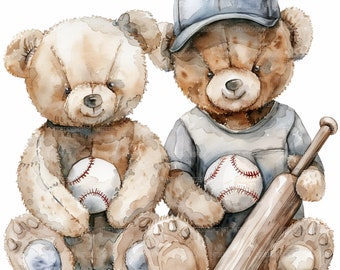 14 Teddy Bear Baseball Player Clipart, Bear Playing Baseball, Printable Watercolor Clipart, Paper Craft, High Quality JPGs, Digital Download