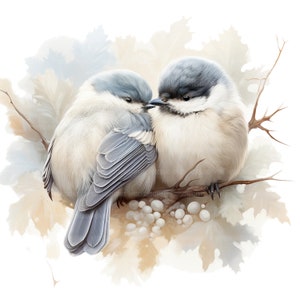 May include: Two small blue and white birds are perched on a branch with white berries. The birds are facing each other and appear to be nuzzling. The background is a soft watercolor wash of blue and brown.