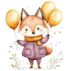 19 Clipart di volpe carina con palloncini, Clipart di volpe, Clipart di acquerello stampabile, Artigianato di carta, Diari spazzatura, JPG di alta qualità, Download digitale