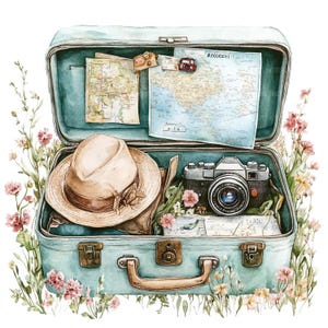 27 Clipart de viagem, viagem de férias, clipart de malas, clipart de aquarela para impressão, artesanato em papel, JPGs de alta qualidade, download digital