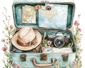 27 Traveling Clipart, Vacation Trip, Suitcases Clipart, Printable Watercolor Clipart, Paper Craft, High Quality JPGs, Digital Download