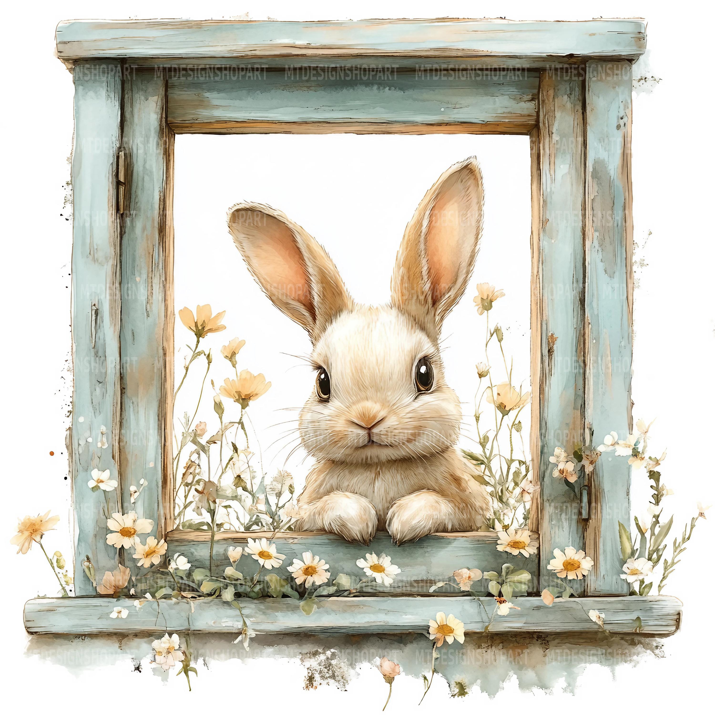 18 Bunny Window Clipart, Floral Rabbit, Printable Watercolor Clipart ...