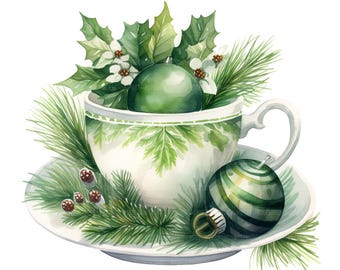 16 Green Christmas Tea Cup Clipart, Christmas Tea, Printable Watercolor Clipart, Paper Craft, High Quality JPGs, Digital Download