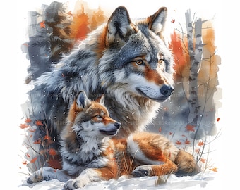 May include: A watercolor painting of a gray wolf and a smaller wolf pup. The wolves are in a snowy forest setting with autumn leaves and birch trees. The adult wolf is looking to the right, while the pup is looking at the viewer.