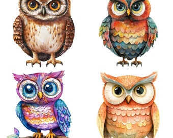 24 Cute Owl Clipart, Hyperrealistic Owl, Printable Watercolor Clipart, Paper Craft, Junk Journals, High Quality JPGs, Digital Download