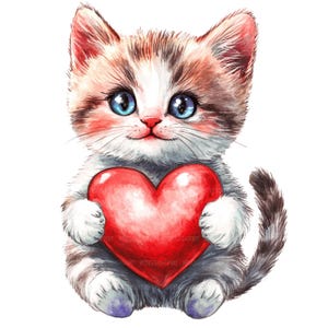 Chaton avec des cliparts coeur rouge, des cliparts de chats de la Saint-Valentin, des cliparts aquarelle imprimable, créations en papier, JPG de haute qualité, téléchargement numérique
