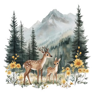 19 Clipart di cerbiatto con bambino nella foresta, Clipart di cervo, Clipart di acquerello stampabile, Artigianato di carta, JPG di alta qualità, Download digitale