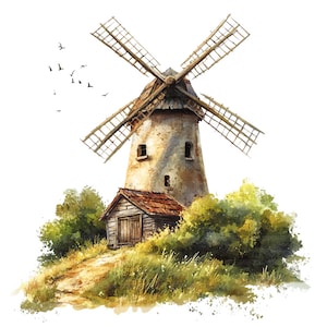 16 cliparts de moulins à vent, clipart paysage de moulin, clipart aquarelle imprimable, créations en papier, journaux indésirables, fichiers JPG de haute qualité, téléchargement numérique