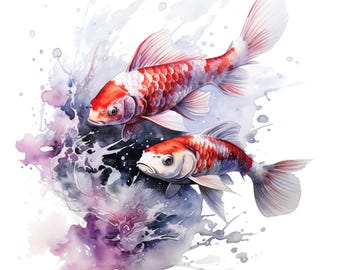 16 imágenes prediseñadas de acuarela de peces koi, peces japoneses, imágenes prediseñadas de acuarela imprimibles, manualidades de papel, revistas basura, archivos JPG de alta calidad, descarga digital