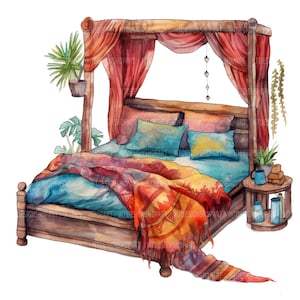 Boho Bed Watercolor Clipart: Junk Journal Art (Digital Download, 4096x4096 JPGs)