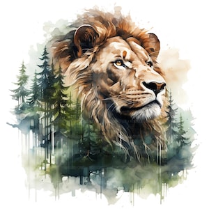 16 Clipart de leão, Clipart de leão em aquarela na floresta, Clipart de aquarela para impressão, Artesanato em papel, JPGs de alta qualidade, Download digital