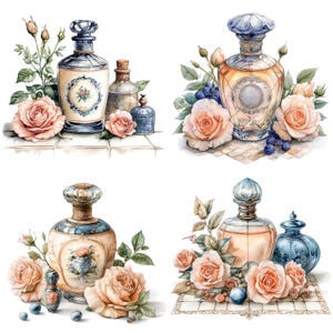 May include: Four vintage perfume bottles with floral accents. Each bottle has a unique design and is decorated with delicate flowers and leaves. The bottles are arranged in a square pattern on a white background.