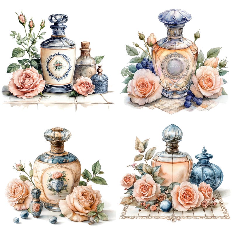 May include: Four vintage perfume bottles with floral accents. Each bottle has a unique design and is decorated with delicate flowers and leaves. The bottles are arranged in a square pattern on a white background.