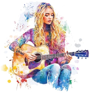 Könnte beinhalten: Aquarellmalerei einer Person, die eine Akustikgitarre spielt. Die Person hat lange blonde Haare und trägt ein Batik-Shirt und blaue Jeans. Die Gitarre ist hellbraun mit einer dunkelblauen Kopfplatte. Bunte Farbspritzer umgeben die Figur.