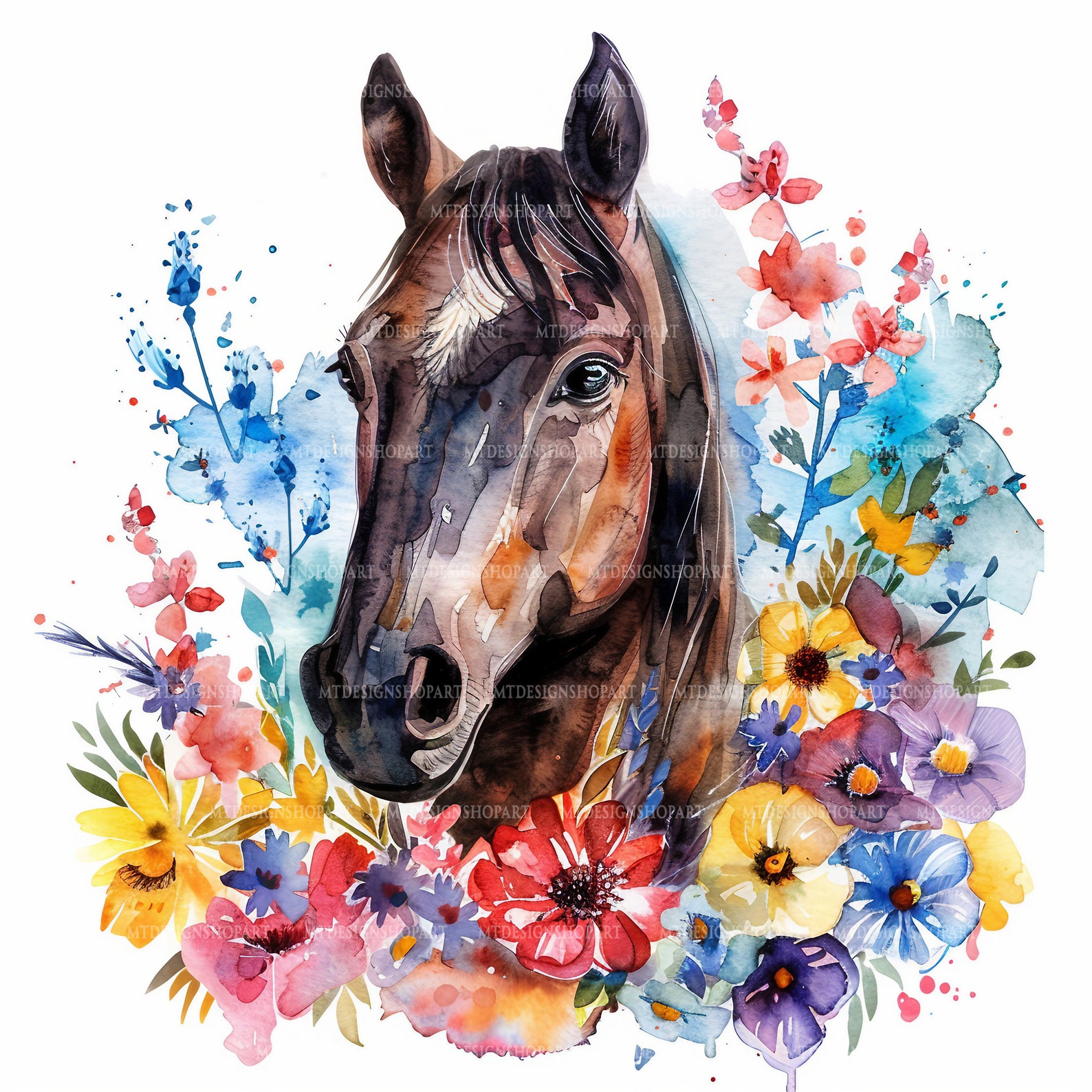 16 Floral Horses Clipart, Flower and Horse,printable Watercolor Clipart ...