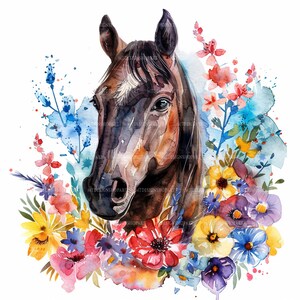 16 Floral Horses Clipart, Flower and Horse,printable Watercolor Clipart ...