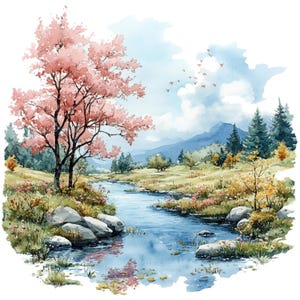 16 Clipart paysage de printemps, clipart paysage, clipart aquarelle imprimable, créations en papier, journaux indésirables, JPG de haute qualité, téléchargement numérique