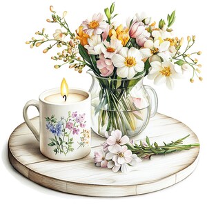 May include: A watercolor illustration of a candle in a floral-decorated mug, a glass pitcher with flowers, and a small bouquet of pink flowers on a round wooden tray. The candle is lit, and the flowers are in shades of white, pink, and yellow.