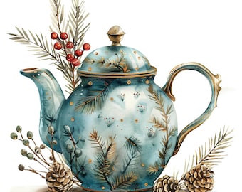 19 Christmas Teapot Clipart, Teapots Clip art, Printable Watercolor Clipart, Paper Craft, High Quality JPGs, Digital Download