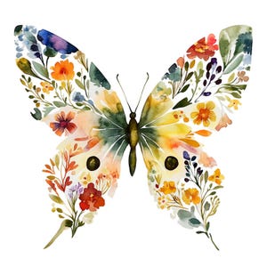 19 imágenes prediseñadas de mariposas florales, detalles florales, imágenes prediseñadas de acuarela imprimibles, manualidades de papel, diarios basura, archivos JPG de alta calidad, descarga digital