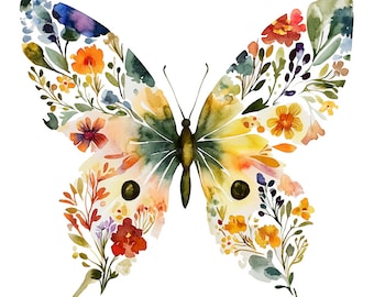 19 imágenes prediseñadas de mariposas florales, detalles florales, imágenes prediseñadas de acuarela imprimibles, manualidades de papel, revistas basura, archivos JPG de alta calidad, descarga digital