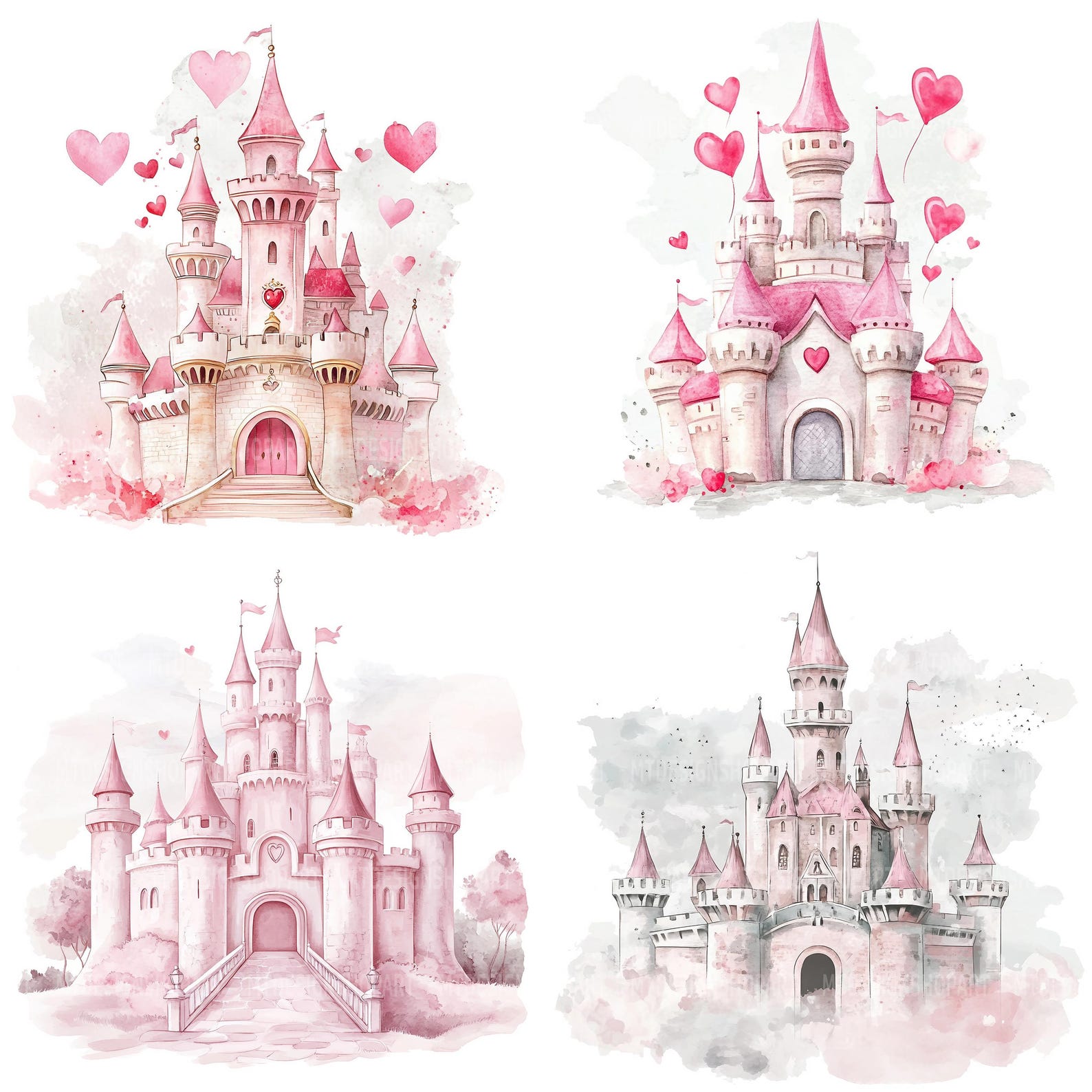 16 Watercolor Princess Heart Castle Clipart, JPG, Junk Journal Art ...