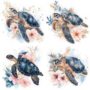 Pu&ograve; includere: Quattro illustrazioni ad acquerello di tartarughe marine con accenti floreali. Ogni tartaruga &egrave; raffigurata con un guscio blu e verde, che nuota in uno sfondo ad acquerello con fiori rosa e bianchi.