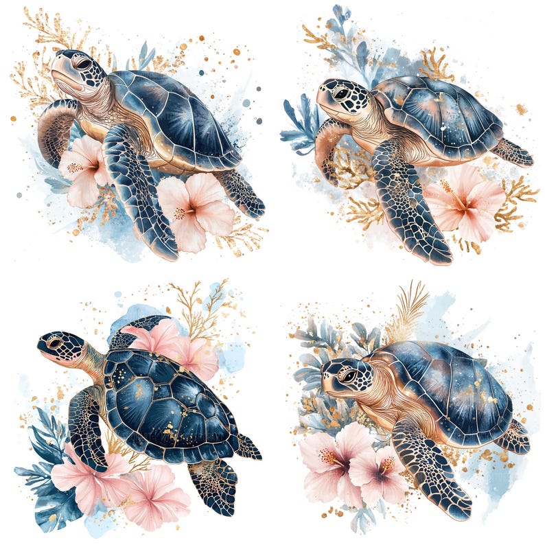 Pu&ograve; includere: Quattro illustrazioni ad acquerello di tartarughe marine con accenti floreali. Ogni tartaruga &egrave; raffigurata con un guscio blu e verde, che nuota in uno sfondo ad acquerello con fiori rosa e bianchi.