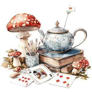 Pode incluir: Ilustração em aquarela com uma cena fantasiosa com um grande cogumelo vermelho e branco, uma chaleira floral, livros, cartas de baralho e cogumelos menores. Uma xícara contém pincéis. A cena evoca um tema de conto de fadas ou fantasia.