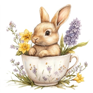 20 Hase In Teetasse Clipart, Frühlingsblumen, druckbare Aquarell Clipart, Papierkunst, Junk Journals, hochwertige JPGs, digitaler Download