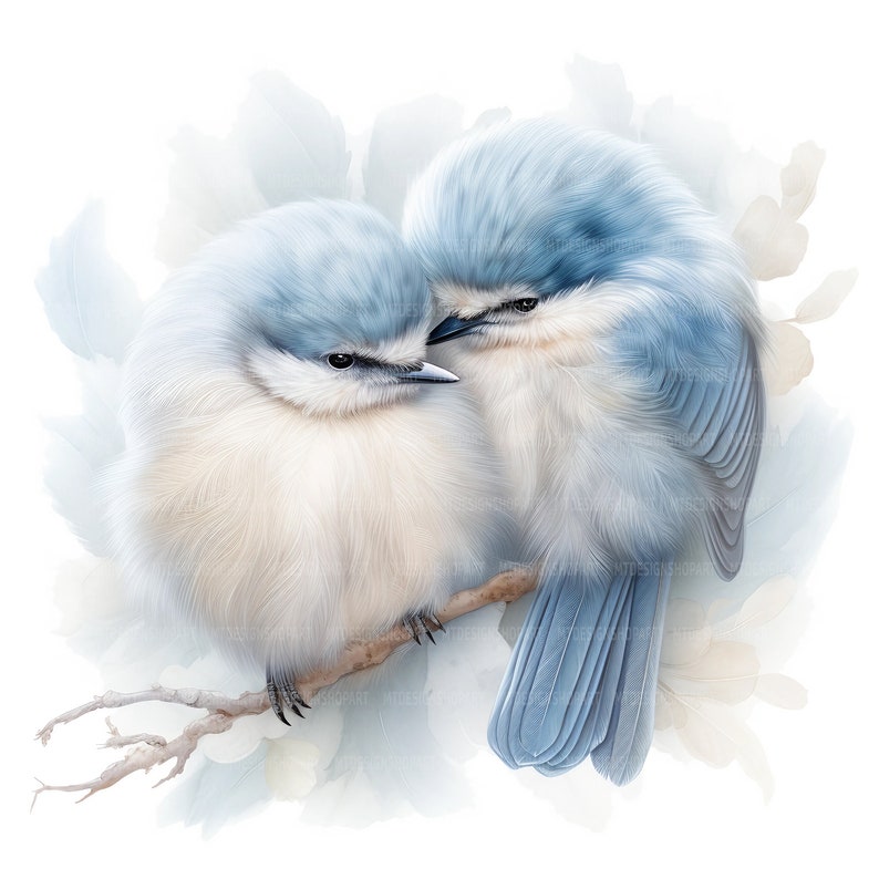 May include: Two fluffy blue birds with white chests are perched on a branch. The birds are facing each other and appear to be cuddling.