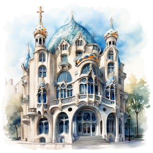 16 Gaudi Building in Barcelona Clipart, Watercolor Barcelona, Printable Watercolor Clipart, Paper Craft, High Quality JPGs, Digital Download