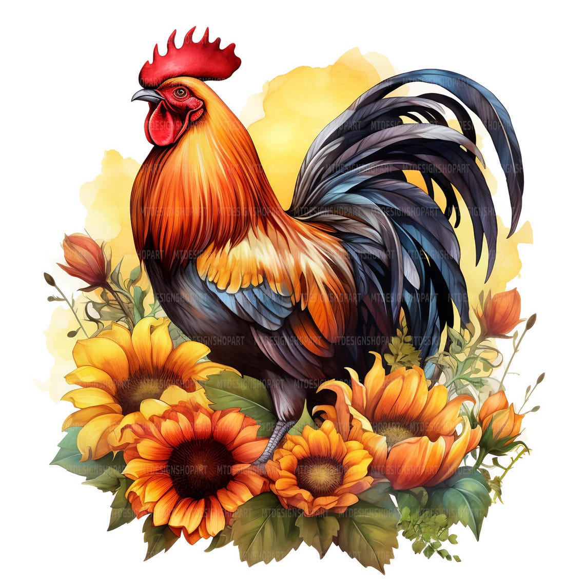 Rooster Fall Graphics 19 Rooster Sunflowers Clipart, Fall Flowers, Printable Watercolor ...