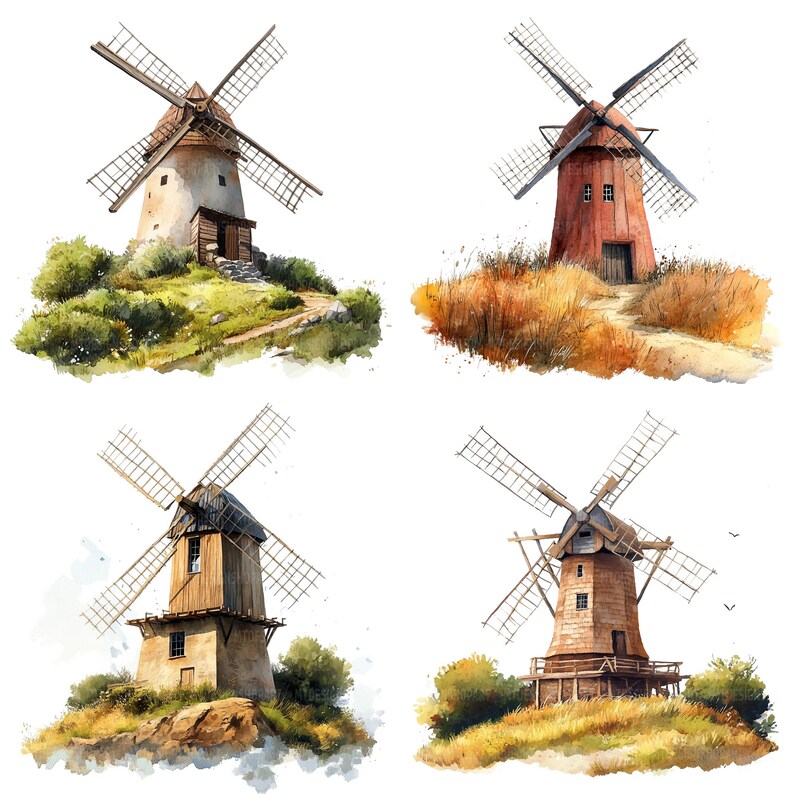 16 Windmills Clipart, Mill Landscape Clipart, Printable Watercolor
