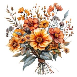 14 Clipart fleurs bouquet orange, rouille Clipart floral, clipart aquarelle imprimable, créations en papier, fichiers JPG de haute qualité, téléchargement numérique
